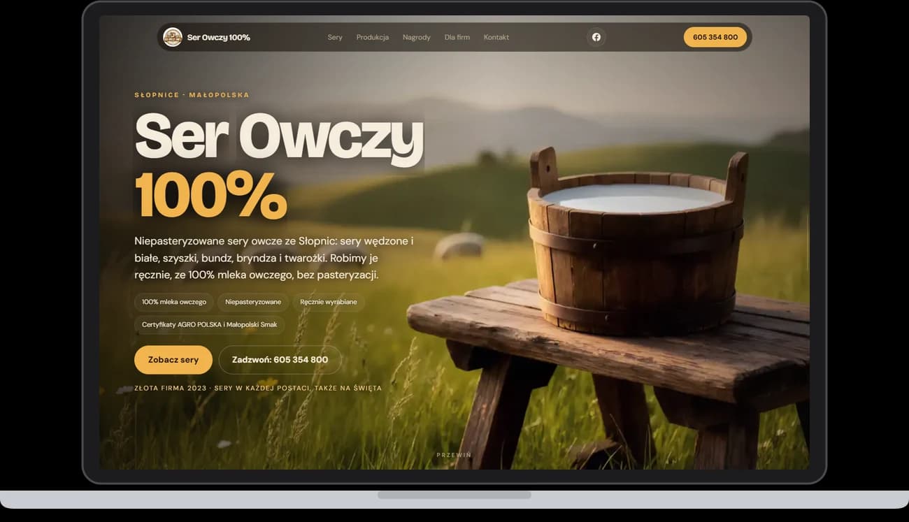 Strona internetowa Ser Owczy 100% na laptopie — realizacja BruteCode