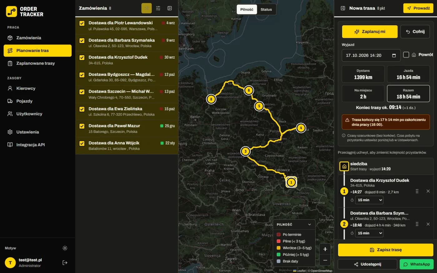 Panel dyspozytora Order Tracker: planowanie trasy dostaw na mapie z listą zamówień i godzinami przyjazdu