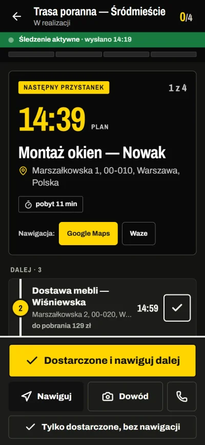 Aplikacja kierowcy Order Tracker na telefonie: następny przystanek, godzina planu i przycisk Dostarczone i nawiguj dalej