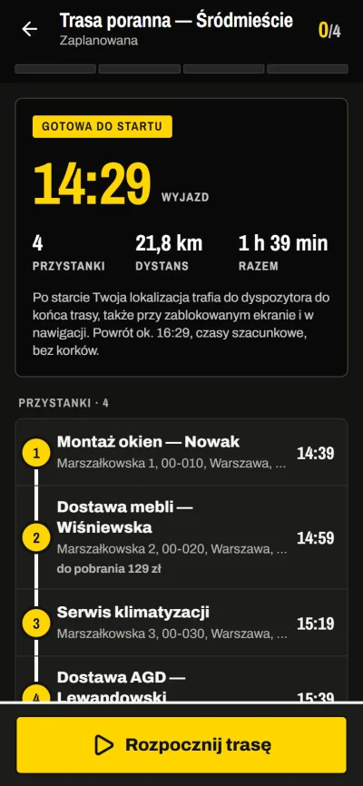 Aplikacja kierowcy Order Tracker na telefonie: trasa gotowa do startu z listą przystanków